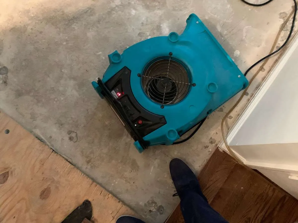 Air mover drying subfloor during Commercial Water Damage Restoration in Sharon Hill